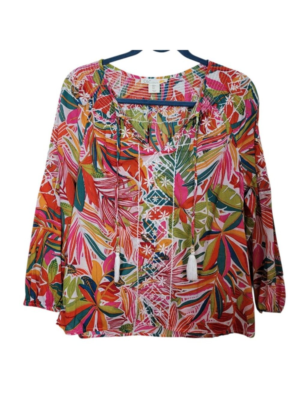 C&C California Lightweight Blouse Botanical Tropical Embroidered Relaxed Fit Sm